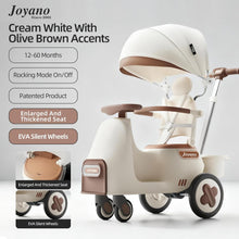 Kid's Rocking Pushchair/Ride-On Parent Push Car with Canopy, Music, Adjustable Handle, and Safety Features for Ages 12-60 Months Cream White with Olive Brown Accents