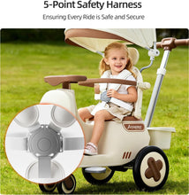 Kid's Rocking Pushchair/Ride-On Parent Push Car with Canopy, Music, Adjustable Handle, and Safety Features for Ages 12-60 Months Cream White with Olive Brown Accents